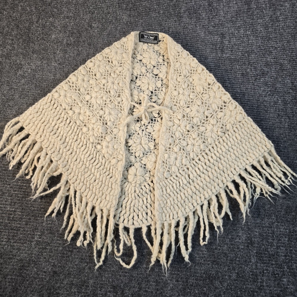 Handmade Nepal 100% Wool Crochet Shawl Cape Poncho Ivory Floral Fringe
